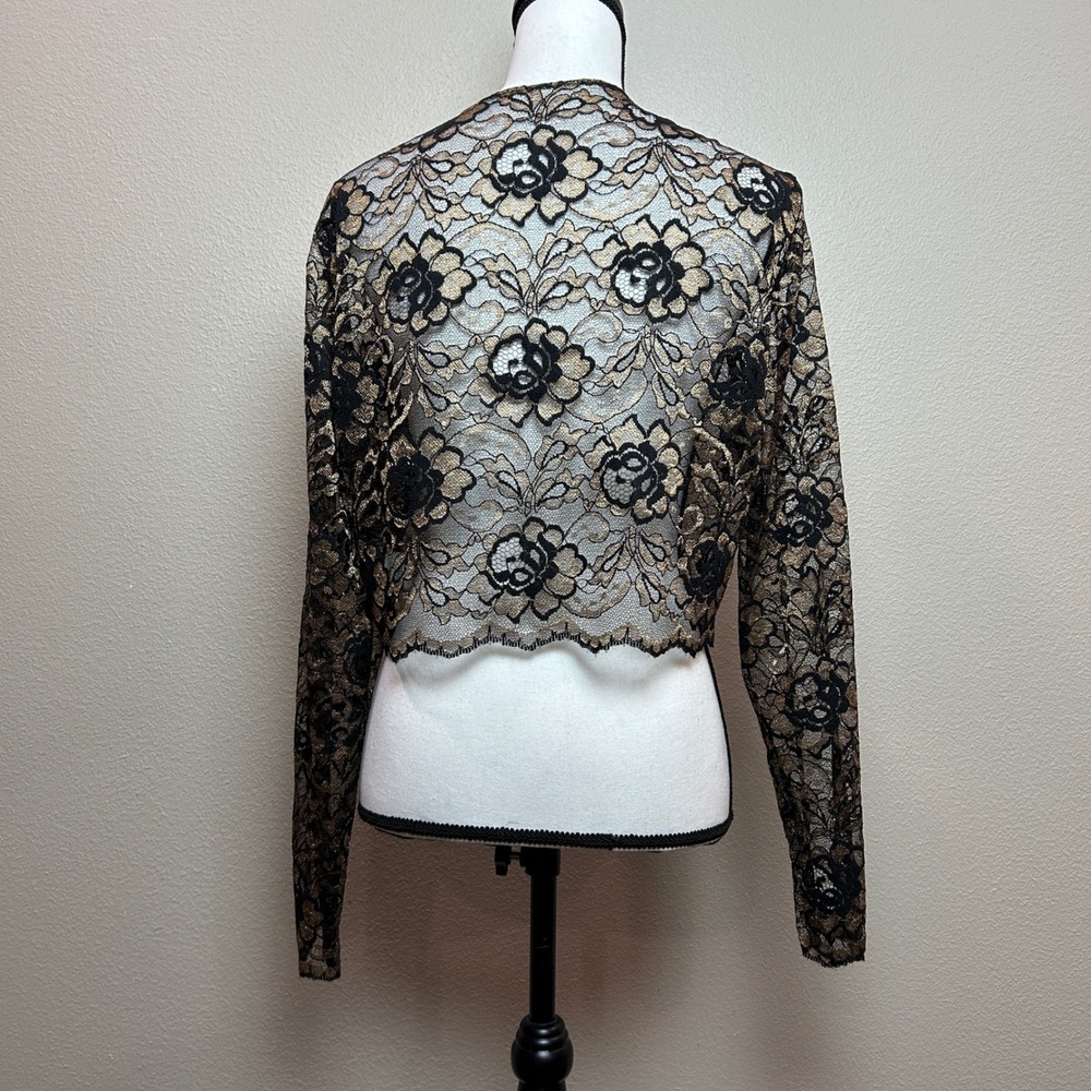 Vintage Lace Bolero Jacket Womens 14 Black Gold Metallic Floral Shrug Sheer Chic - Picture 2 of 15